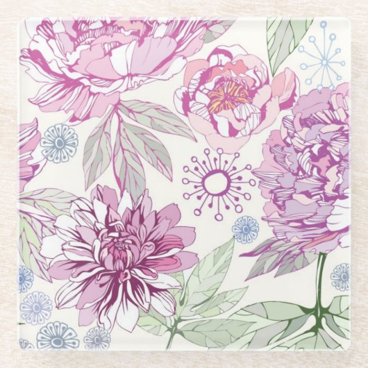 ピンクの花が付いているパターン ガラスコースター (正面)