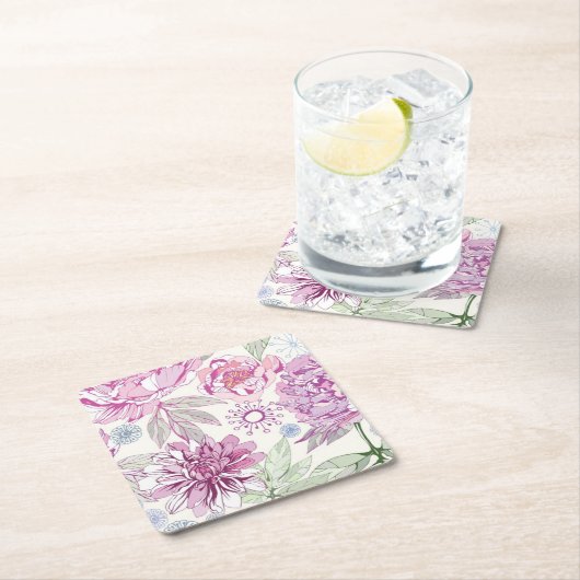 ピンクの花が付いているパターン スクエアペーパーコースター (インサイチュ)