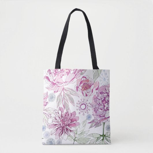 ピンクの花が付いているパターン トートバッグ (正面)