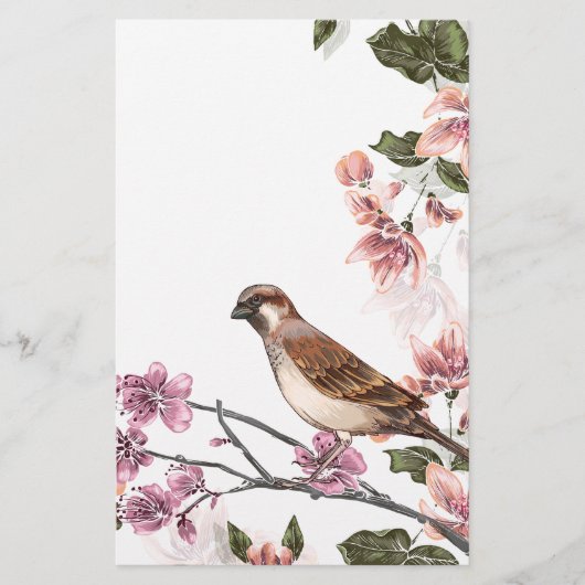 ピンクの花が付いている枝の鳥 便箋 (正面)