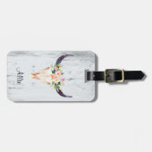 ピンクの花が付いているBullのスカル ラゲッジタグ (正面横)