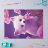 ピンクの花が切り離された白い紫のベビーキツネ 薄葉紙 (クラフト)