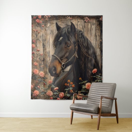 ピンクの花が切り離された馬 タペストリー (インサイチュ)