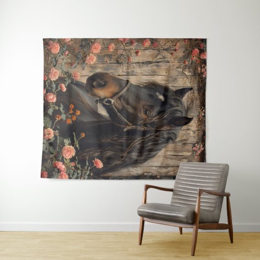 ピンクの花が切り離された馬 タペストリー (インサイチュ(横))