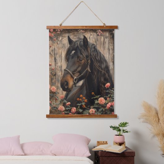 ピンクの花が切り離された馬 吊り下げ型タペストリー (寝室)