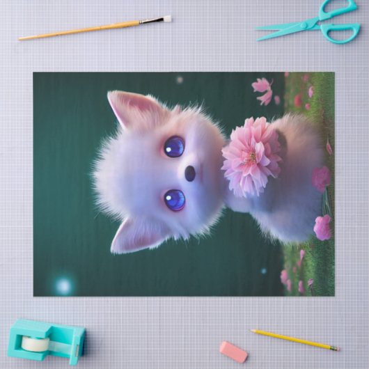 ピンクの花が切り離された、かわいい白いベビーキツネ 薄葉紙 (クラフト)