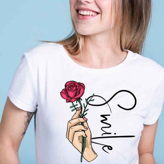 ピンクの花が可愛いスマイルやる気を起こさせる引用文 Tシャツ