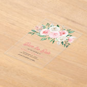 ピンクの花が可愛い結婚式の事前お知らせカード アクリル招待状 (レイダウン)