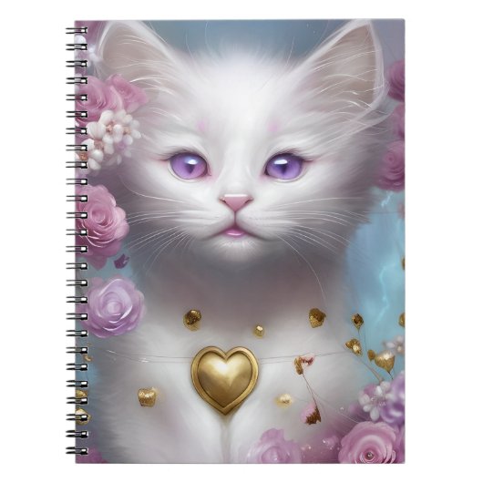 ピンクの花が咲き乱れたかわいい白い子猫 ノートブック (正面)