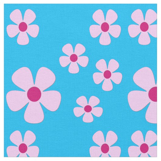 ピンクの花が咲くスカイブルーの生地 ファブリック (クローズアップ)