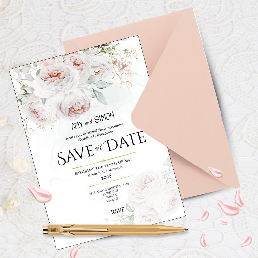 ピンクの花が咲くバラのSave the Date ウェディング招待状 招待状