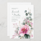 ピンクの花が咲くユーカリ ゴールドグリッター 水彩画 招待状 (正面/裏面)