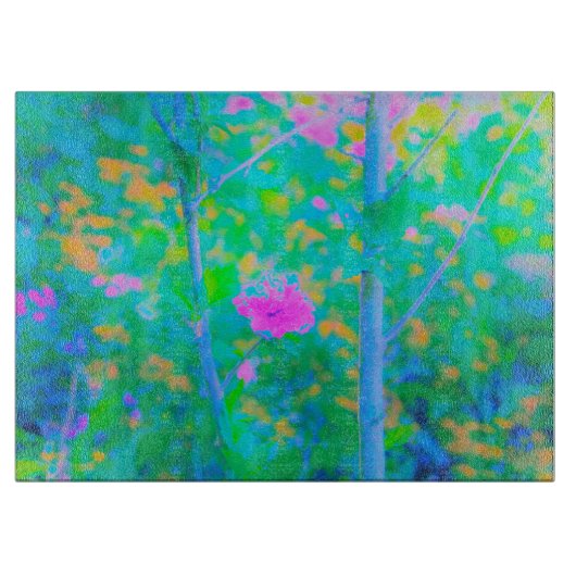 ピンクの花が咲く印象派の青い風景 カッティングボード (正面)