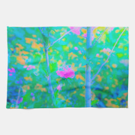 ピンクの花が咲く印象派の青い風景 キッチンタオル