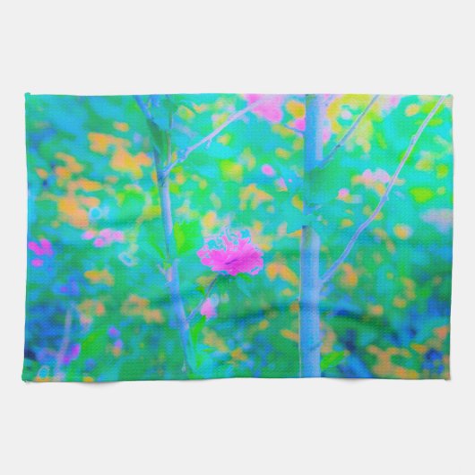 ピンクの花が咲く印象派の青い風景 キッチンタオル (横)