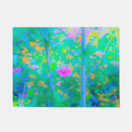 ピンクの花が咲く印象派の青い風景 ドアマット