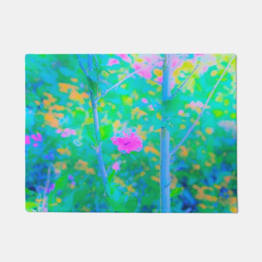 ピンクの花が咲く印象派の青い風景 ドアマット (正面)