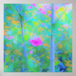 ピンクの花が咲く印象派の青い風景 ポスター