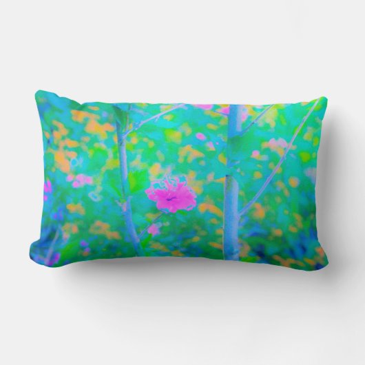 ピンクの花が咲く印象派の青い風景 ランバークッション (正面)