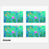 ピンクの花が咲く印象派の青い風景 長方形シール (シート)