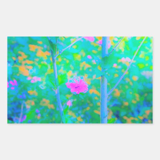 ピンクの花が咲く印象派の青い風景 長方形シール (正面)