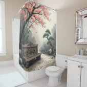 ピンクの花が咲く禅園の観賞用ベンチ シャワーカーテン (インサイチュ)