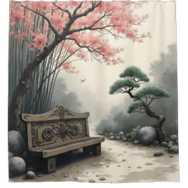 ピンクの花が咲く禅園の観賞用ベンチ シャワーカーテン