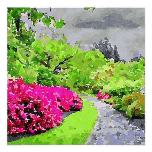 ピンクの花が咲く穏やかな鮮やか園路 ポスター (正面)