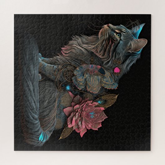 ピンクの花が咲く、ステームパンクの美しい猫 ジグソーパズル (横)