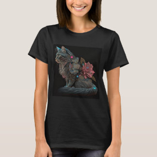 ピンクの花が咲く、ステームパンクの美しい猫 Tシャツ