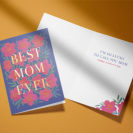 ピンクの花が母最高のに重なる 箔グリーティングカード