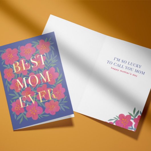 ピンクの花が母最高のに重なる 箔グリーティングカード