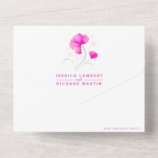 ピンクの花が灰色の渦を巻く水彩のウェディング オールインワン招待状 (裏面)