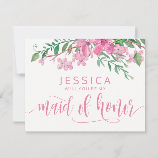 ピンクの花が私のメイド・オブ・オーナー（花嫁付き添い人） 招待状 (正面)
