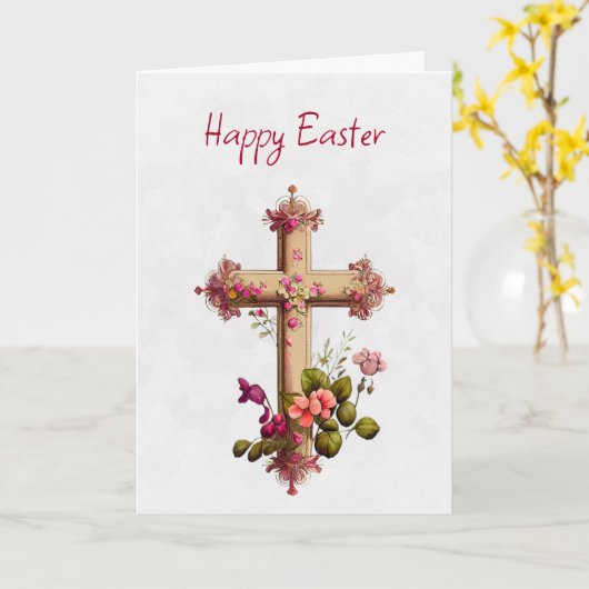 ピンクの花が飾られたエレガントな木製の十字架 イースター カード (黄色い花)