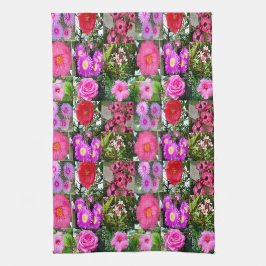 "ピンクの花たち: 花の写真コラージュ作品" キッチンタオル (縦)