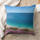 ピンクの花で海のコーンワルの崖の上面 クッション (ブランケット)