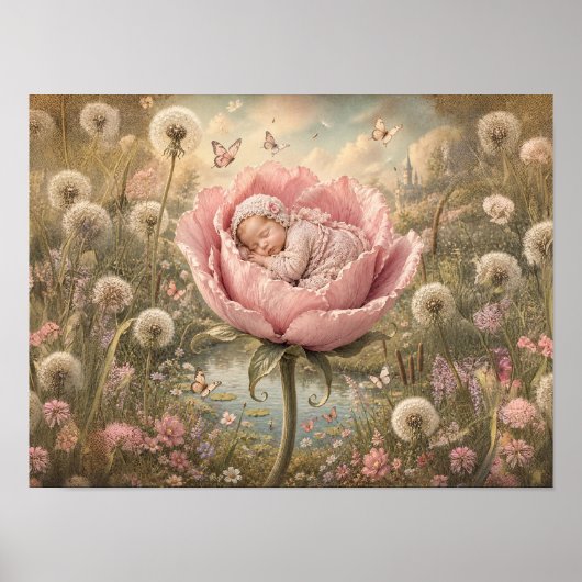 ピンクの花で眠る赤ちゃん ポスター (正面)