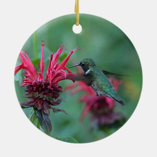 ピンクの花で食べ物を与えているハチドリ セラミックオーナメント (裏面)