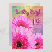 ピンクの花で19th Birthdayパーティーの招待状 招待状 (正面/裏面)