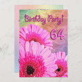 ピンクの花で64th誕生日パーティーの招待 招待状 (正面/裏面)