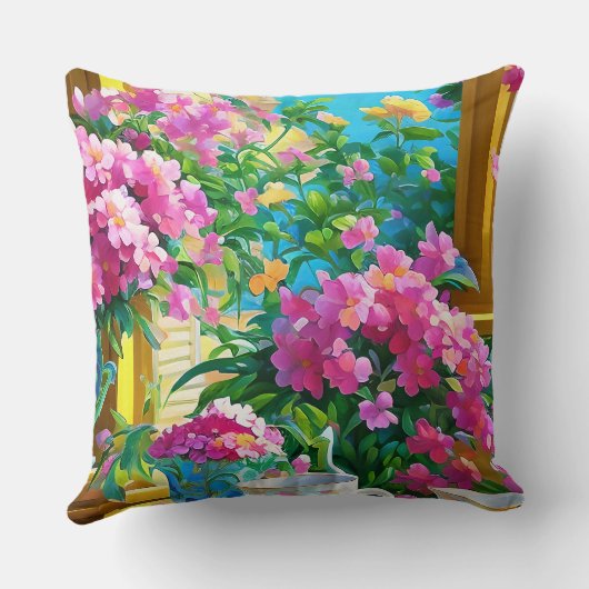 ピンクの花とお茶のフローラ クッション (裏面)