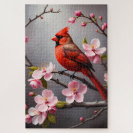 ピンクの花とアカカシラアメリカコウライウグイスの鳥のデザイン ジグソーパズル