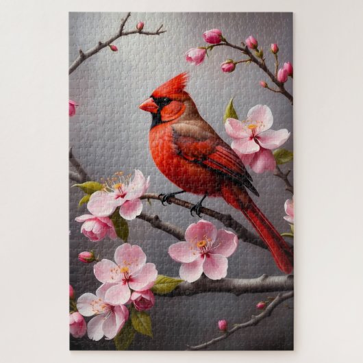 ピンクの花とアカカシラアメリカコウライウグイスの鳥のデザイン ジグソーパズル (縦)