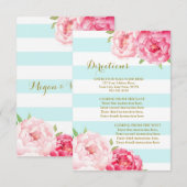 ピンクの花とアクアのストライプ ウェディングディレクションカード エンクロージャーカード (正面/裏面)