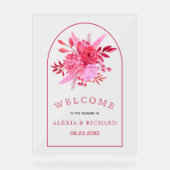 ピンクの花とアーチフローラ歓迎結婚の アクリルサイン (正面)