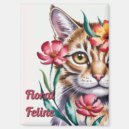 ピンクの花とアーティスティックな水彩猫の肖像 マグネット