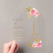ピンクの花とエッフェル塔の結婚式の日程お知らせ アクリル招待状 (インサイチュ (ポータブル))
