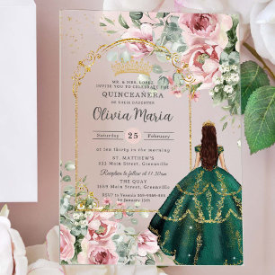 ピンクの花とエメラルドグリーンのドレスのスイート16・キンセエラーナ アクリル招待状