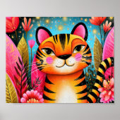 ピンクの花とオレンジトラの絵 ポスター (正面)
